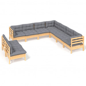 9 pcs conjunto lounge de jardim + almofadões cinza pinho maciço H