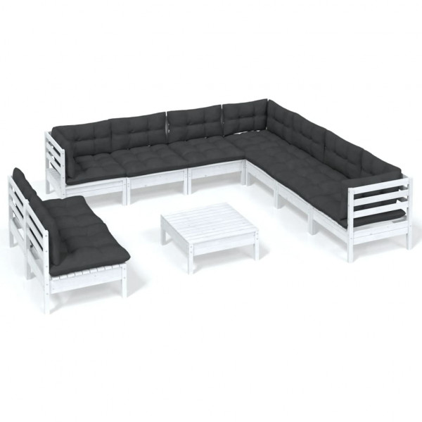 10 pcs conj. lounge de jardim c/ almofadões pinho maciço branco M 2