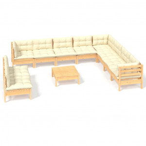 11 pcs conjunto lounge jardim c/ almofadões creme pinho maciço H