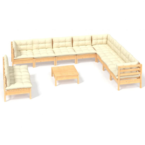 11 pcs conjunto lounge jardim c/ almofadões creme pinho maciço M 2