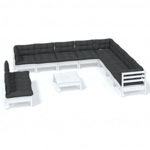 11 pcs conj. lounge de jardim c/ almofadões pinho maciço branco H