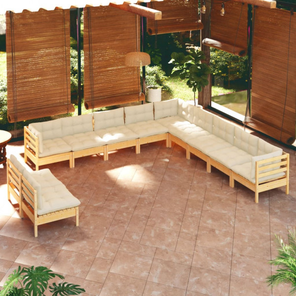 Muebles de jardín 11 pzas y cojines madera maciza de pino crema D