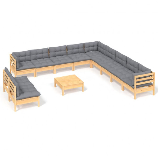 Juego de muebles de jardín 12 pzas y cojines madera maciza pino M 2