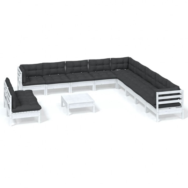 Muebles de jardín 12 pzas con cojines blanco madera maciza pino D