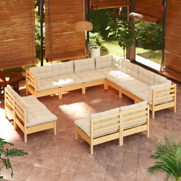 Muebles de jardín 11 pzas y cojines madera maciza de pino crema D