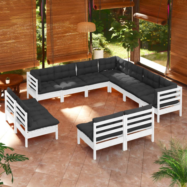 11 pcs conj. lounge de jardim c/ almofadões pinho maciço branco D