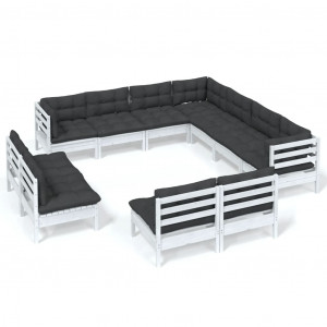 11 pcs conj. lounge de jardim c/ almofadões pinho maciço branco H