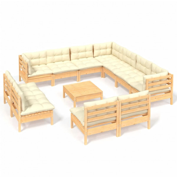 12 pcs conjunto lounge jardim c/ almofadões creme pinho maciço M 2