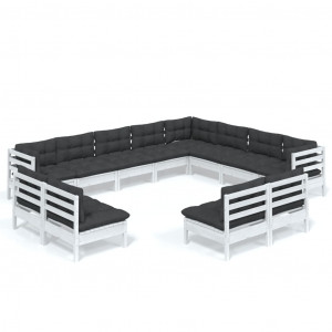 Muebles de jardín 12 pzas y cojines blanco madera maciza pino H