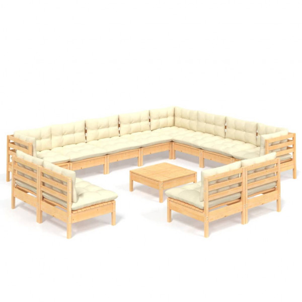 13 pcs conjunto lounge jardim c/ almofadões creme pinho maciço M 2