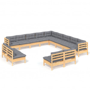 Muebles de jardín 13 pzas y cojines madera maciza de pino gris H
