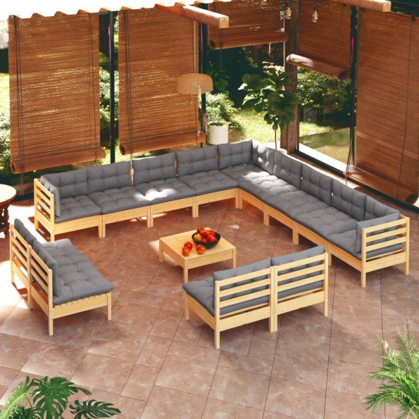 Muebles de jardín 14 pzas y cojines madera maciza de pino gris D