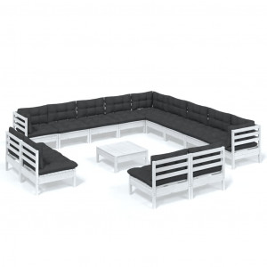 Muebles de jardín 14 pzas con cojines blanco madera maciza pino H