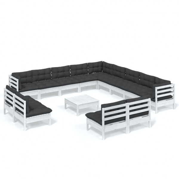 14 pcs conj. lounge de jardim c/ almofadões pinho maciço branco M 2