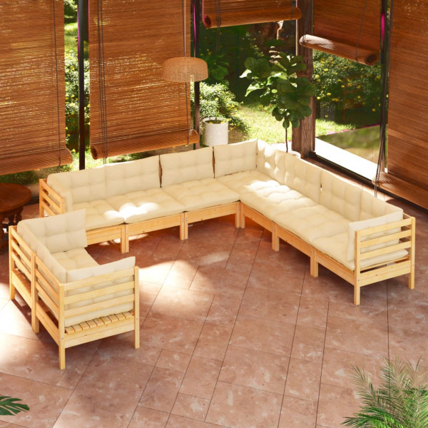Muebles de jardín 9 pzas y cojines madera maciza de pino crema D