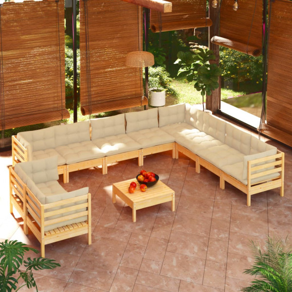 11 pcs conjunto lounge jardim c/ almofadões creme pinho maciço D