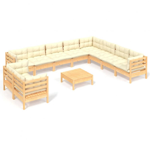 11 pcs conjunto lounge jardim c/ almofadões creme pinho maciço M 2