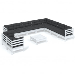 11 pcs conj. lounge de jardim c/ almofadões pinho maciço branco H