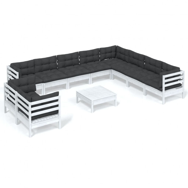 11 pcs conj. lounge de jardim c/ almofadões pinho maciço branco M 2