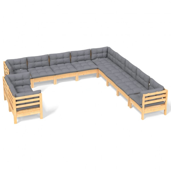 11pcs conjunto lounge de jardim + almofadões cinza pinho maciço M 2