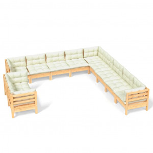 11 pcs conjunto lounge jardim c/ almofadões creme pinho maciço H