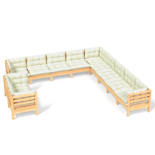 11 pcs conjunto lounge jardim c/ almofadões creme pinho maciço M 2