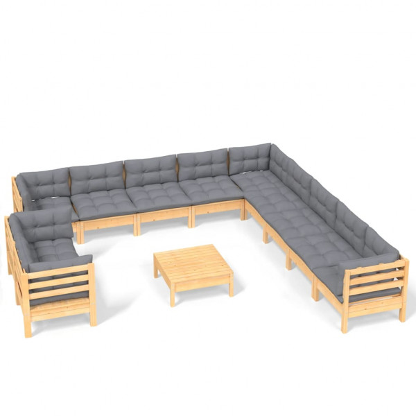 Juego de muebles de jardín 12 pzas y cojines madera maciza pino M 2