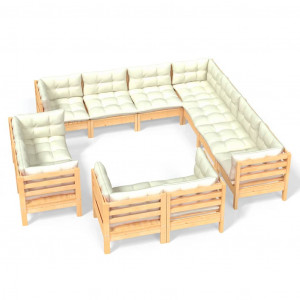 Muebles de jardín 11 pzas y cojines madera maciza de pino crema H