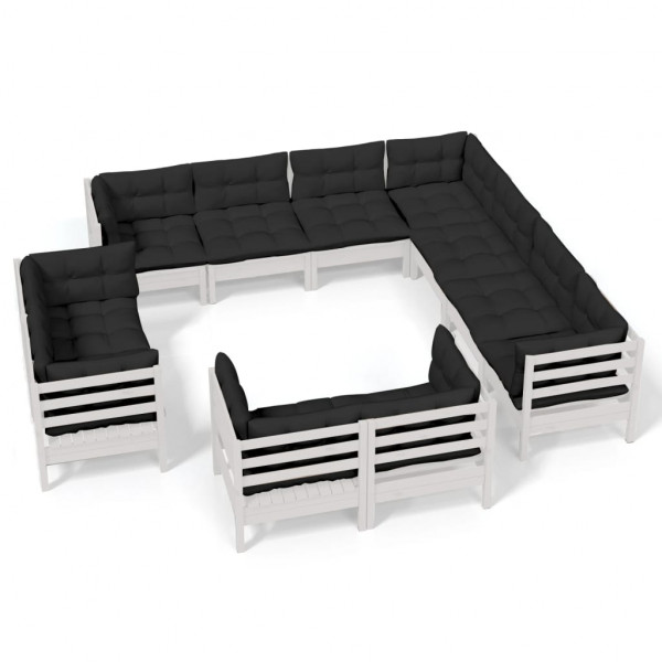 11 pcs conj. lounge de jardim c/ almofadões pinho maciço branco M 2