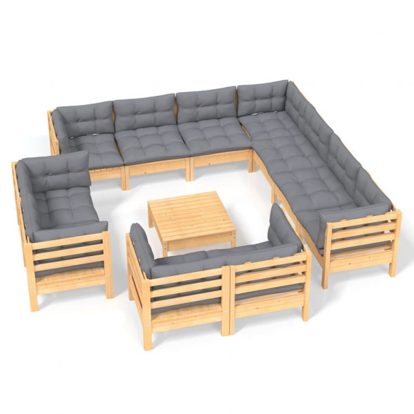 12pcs conjunto lounge de jardim + almofadões cinza pinho maciço M 2