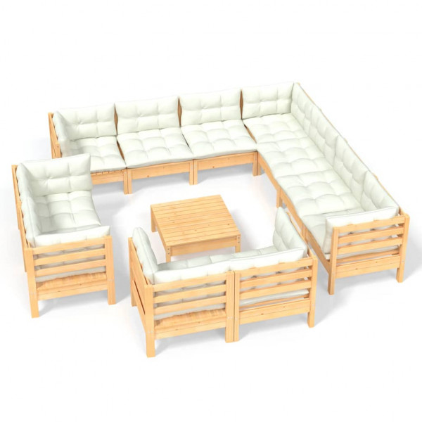 12 pcs conjunto lounge jardim c/ almofadões creme pinho maciço M 2