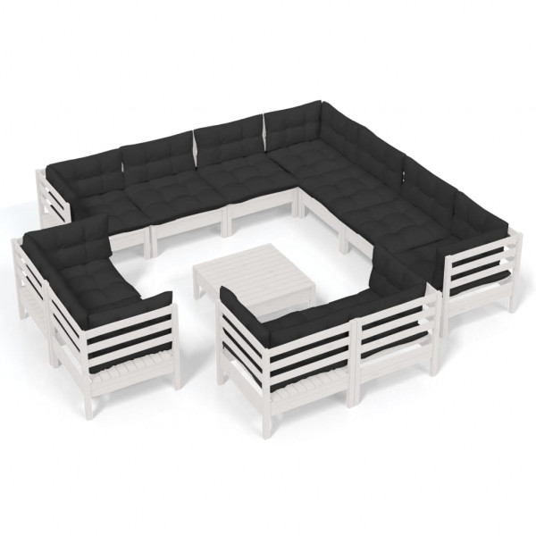 12 pcs conj. lounge de jardim c/ almofadões pinho maciço branco M 2
