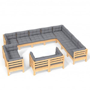 12pcs conjunto lounge de jardim + almofadões cinza pinho maciço H
