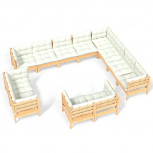 Muebles de jardín 12 piezas y cojines madera maciza de pino H