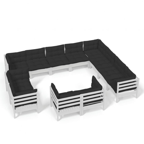 Muebles de jardín 12 pzas y cojines blanco madera maciza pino M 2