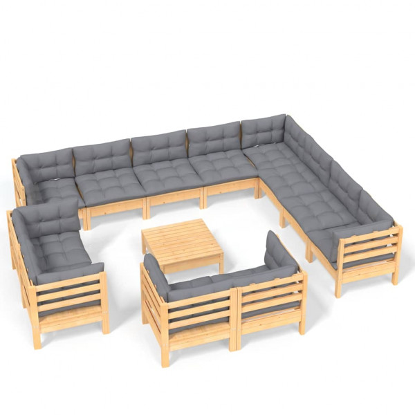 13pcs conjunto lounge de jardim + almofadões cinza pinho maciço M 2