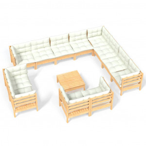 13 pcs conjunto lounge jardim c/ almofadões creme pinho maciço H