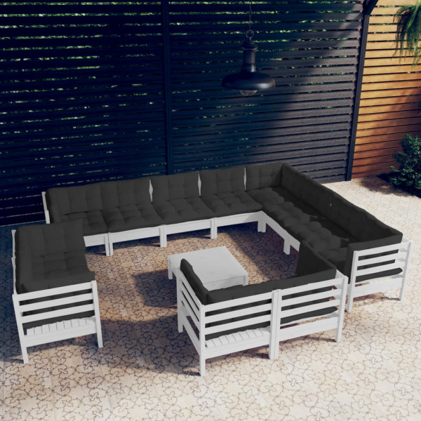 13 pcs conj. lounge de jardim c/ almofadões pinho maciço branco D