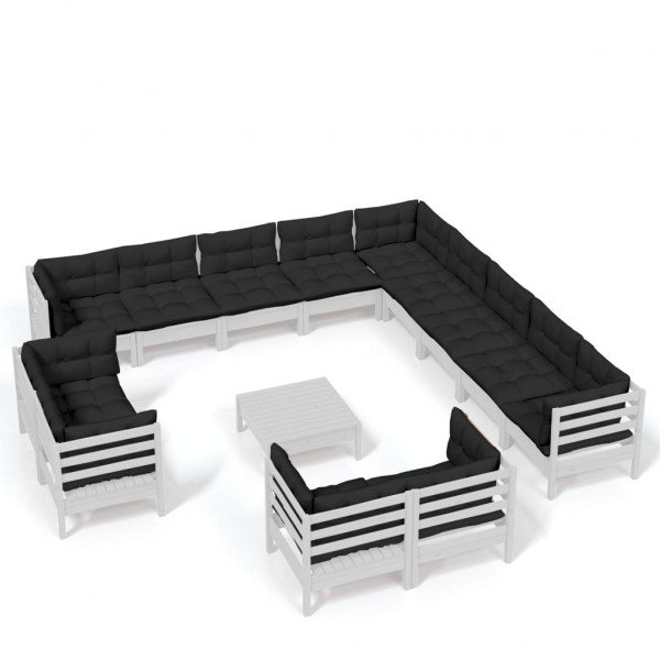 14 pcs conj. lounge de jardim c/ almofadões pinho maciço branco D