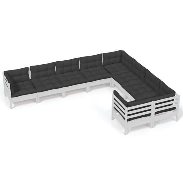 9 pcs conjunto lounge de jardim c/ almofadões pinho branco D