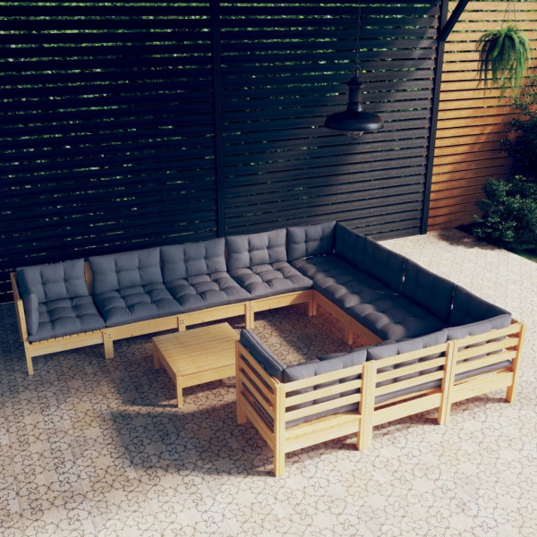 11 pcs conjunto lounge de jardim c/ almofadões cinza pinho D