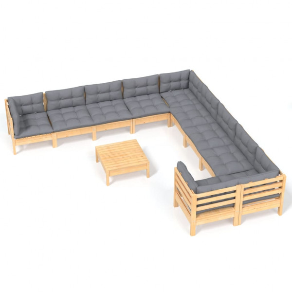 Muebles de jardín 11 pzas y cojines madera de pino gris M 2
