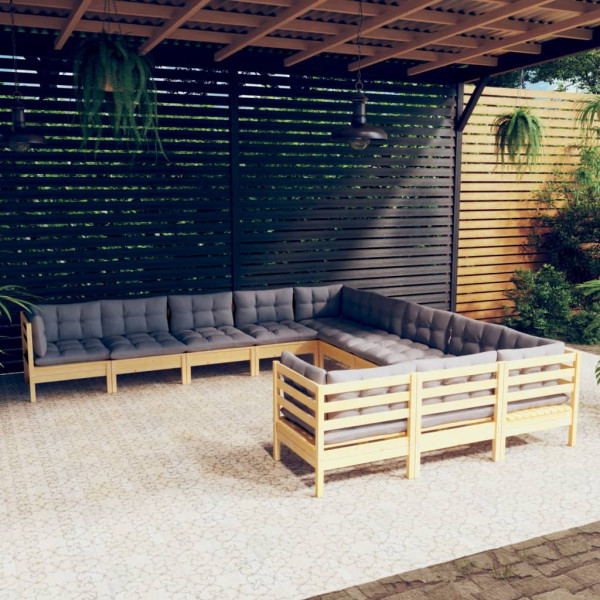 11 pcs conjunto lounge de jardim c/ almofadões cinza pinho D