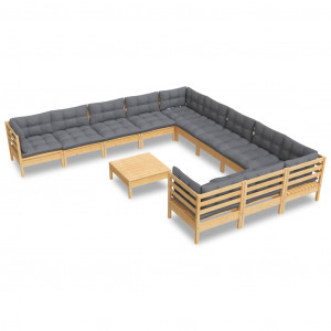 Muebles de jardín 12 pzas y cojines madera de pino gris H