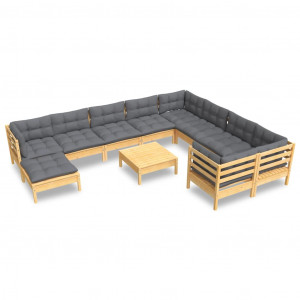 11 pcs conjunto lounge de jardim c/ almofadões cinza pinho H