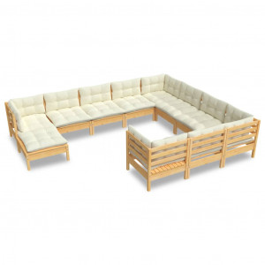 11 pcs conjunto lounge de jardim c/ almofadões cor creme pinho H