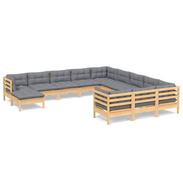 Muebles de jardín 12 pzas y cojines madera de pino gris M 2