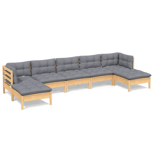 7 pcs conjunto lounge de jardim c/ almofadões cinzentos pinho M 2