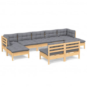 9 pcs conjunto lounge de jardim c/ almofadões cinzentos pinho H