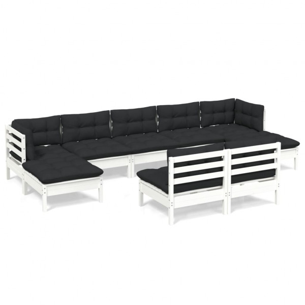 9 pcs conjunto lounge de jardim c/ almofadões pinho branco M 2